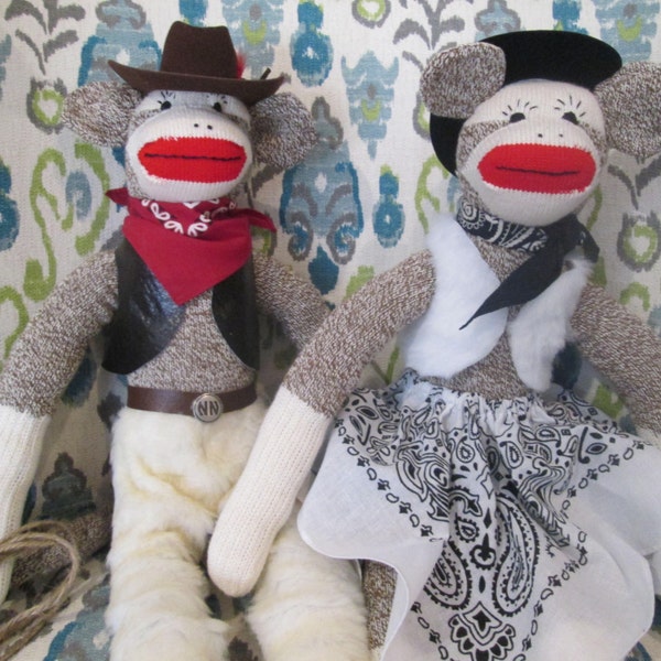 Handmade Western Red Heel Sock Monkey Sock Doll - Cowboy Sock Doll - Cowgirl Sock Doll -Country/Western Decor - Western Shelf Sitter