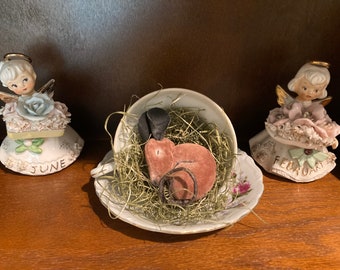 Sleepy Mouse in a Teacup - Primitive Mouse - Vintage Teacup - Spring Mouse - Summer Mouse - Table Decoration - Mother's Day Gift