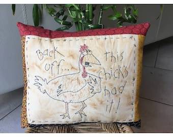 Hand-embroidered Chicken Pillow , Room Decor , Whimsical Folk Art Pillow . Country Decoration , Farm Animal Accent , Chicken Stitchery
