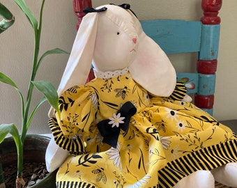 Spring Cloth Bunny in Bee Dress - Bee Fabric - Child Friendly Doll - Farmhouse - Summer Bunny - Country Bunny - Rag Doll - Cloth Rabbit Baby