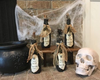 Handmade Primitive Witch Spell Bottles - Halloween Charms - Spooky Halloween Table Decor - Primitive Fall Room Accent - Farmhouse Room Decor