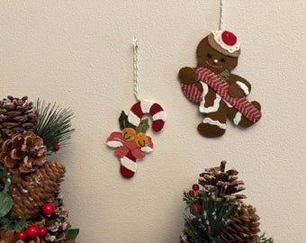 Adornos navideños de lana hechos a mano - Hechos en Estados Unidos - Adorno de hombrecito de jengibre - Adorno de bastón de caramelo - Adornos para el árbol - Regalo para maestros