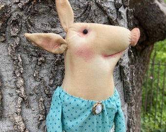 Primitive Pig - Piglet Fabric Doll - Vintage Button - Animal Wall Accent - Farmhouse Decoration - Spring Decor - Primitive Farmhouse