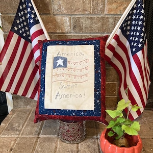 Patriotic Flag Pillow -Hand Embroidered Decorative Pillow - Americana Room Decor - Farmhouse Room Accent - Country - Red White Blue Decor