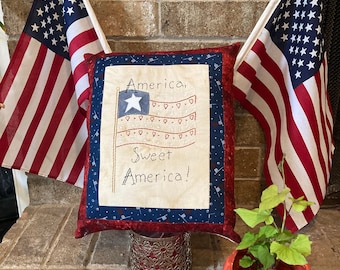 Handmade Patriotic American Flag Pillow -Hand Embroidered Decorative Pillow - Americana Decor - Farmhouse Room Accent - Red White Blue Decor