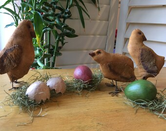 Primitive Easter Chicks with Painted Eggs - Spring Decoration - Country Decor - Set of Three Chicks with Painted Eggs - Spring Room Accent