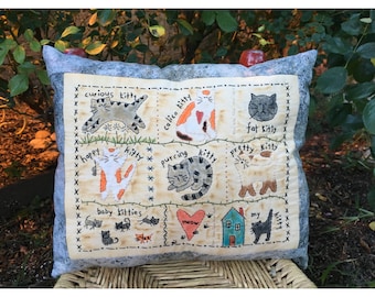 Hand-embroidered Cat Sampler Decorative Pillow -Summer Room  Accent - Kitten Room Decoration - Cat Decoration - Gift for Mom - Handmade