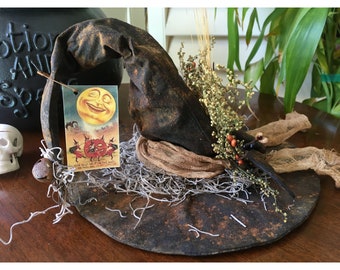 Handmade Primitive Witch Hat - Primitive Hat - Halloween Table Decor - Vintage Halloween Tag - Fall Decor - Autumn Decor - Rustic Fall Decor