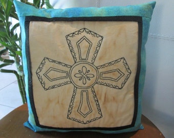 Spanish Cross - Hand Embroidered Cross - Southwest Room Accent - Rustic Decor - Primitive Pillow - Decorative Pillow - Religious Art