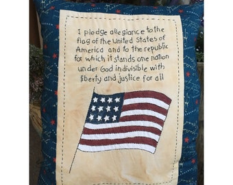 Patriotic Americana Pillow - Hand Painted Pledge of Allegiance Pillow - Primitive American Flag - Patriotic Room Accent - Country Decoration