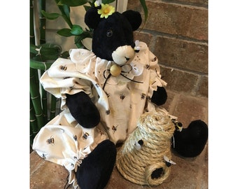 Handmade Black Bear with Bee Hive , Fabric Bear Doll , Room Accent ,Primitive Bear , Bee hive , Vintage Button , Farmhouse Decor , Spring