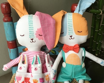 Fabric Bunnies Doll Set , 6 Piece Spring Bunny Fabric Doll Set WITH QUILT & Three Bunnies , Child Friendly , Easter , Stacy Iset Hsu Design