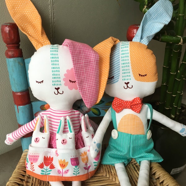 Fabric Bunnies Doll Set , 6 Piece Spring Bunny Fabric Doll Set WITH QUILT & Three Bunnies , Child Friendly , Easter , Stacy Iset Hsu Design