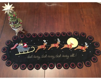 All Through the Night Wool Applique - Christmas Wool Table Runner - Santa and Sleigh Wool Table Runner - Holiday Room Decoration - Handmade