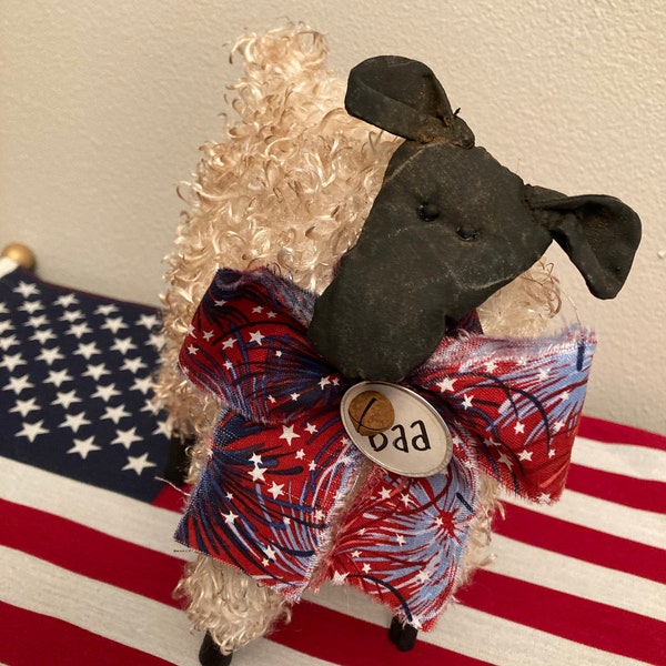 Handmade Patriotic Primitive Sheep , Primitive Sheep with Bell, Country Decor , Decorative Sheep , Americana Display , Summer Sheep , USA