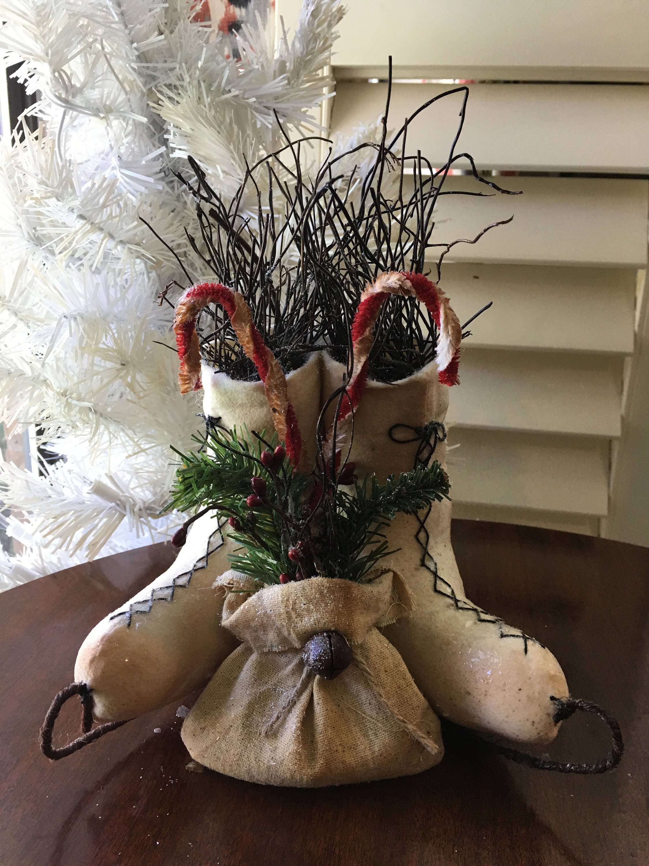 Handmade Primitive Ice Skates - Holiday Table Decoration Candy Canes Christmas Rustic Winter Room Accent