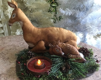 Primitive Deer - Mother Deer Table Decoration - Holiday Room Accent -  Rustic Holiday Decor - Handmade  - Forest Animals - Christmas Floral