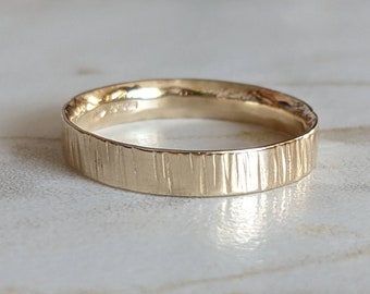 Textured gold band, Solid 9ct recycled yellow gold wedding ring, 4mm comfort fit. Fully hallmarked