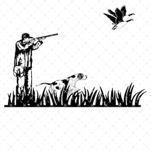 May include: A black and white illustration of a hunter with a shotgun, a dog, and a flock of geese flying overhead. The hunter and dog are standing in tall grass.