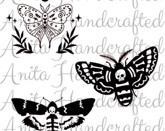 May include: Three black and white illustrations of moths. The top moth has a crescent moon and stars around it. The middle moth has a skull on its body. The bottom moth has a skeletal body.