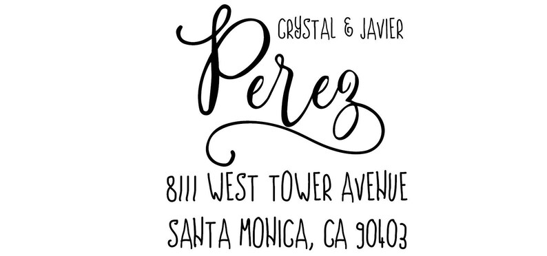 May include: Black and white return address stamp with the text "Crystal & Javier Perez" and the address "8111 West Tower Avenue Santa Monica, CA 90403".