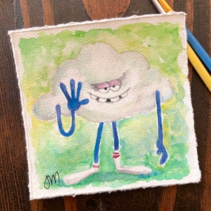 Puede incluir: Una pintura de acuarela de una nube de dibujos animados con una sonrisa traviesa, usando calcetines azules y zapatillas blancas. La nube tiene brazos azules y está saludando con una mano. El fondo es una lavada de acuarela verde.