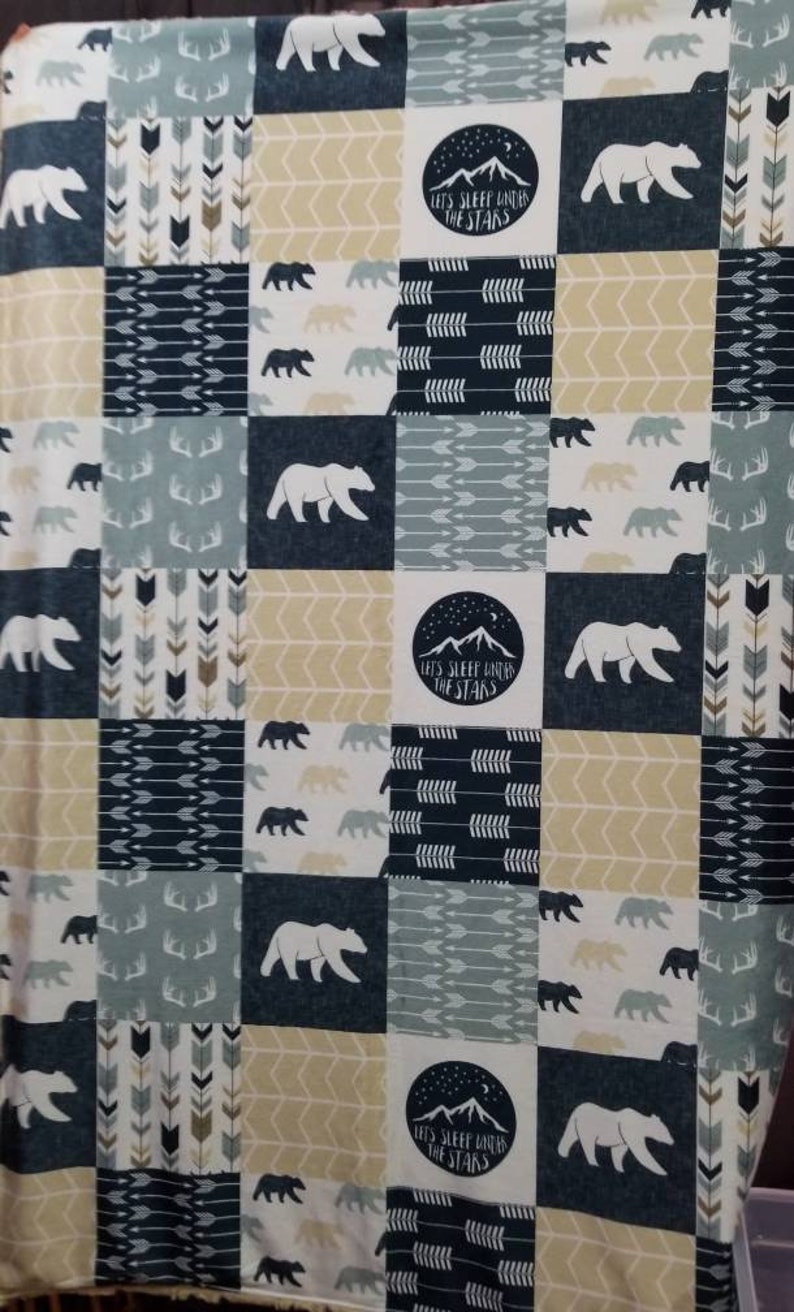 Designer Minky Blanket Toddler Bed Blanket Let/'s Sleep Under the Stars Rustic Woods Wholecloth Patchwork Baby Blanket Nursery Blanket