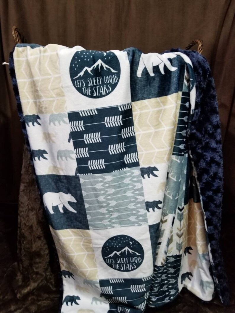 Designer Minky Blanket Toddler Bed Blanket Let/'s Sleep Under the Stars Rustic Woods Wholecloth Patchwork Baby Blanket Nursery Blanket