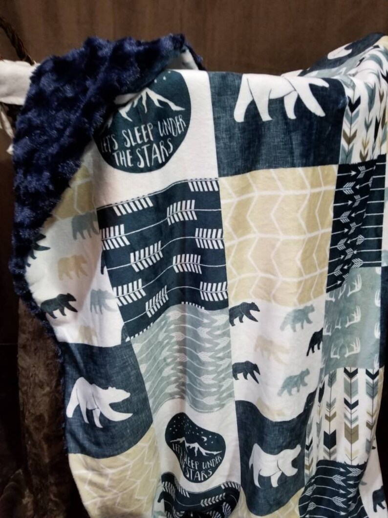 Designer Minky Blanket Toddler Bed Blanket Let/'s Sleep Under the Stars Rustic Woods Wholecloth Patchwork Baby Blanket Nursery Blanket