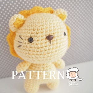 May include: Crochet lion amigurumi pattern. The pattern includes instructions for making a cute, yellow lion with black eyes and a brown nose. The pattern is available for download.