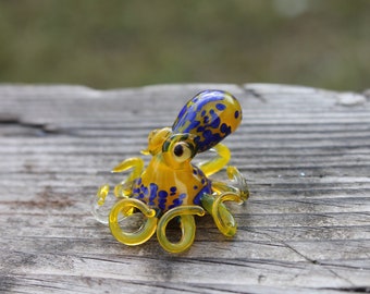 Small Glass Yellow Octopus figurine Glass Kraken Octopus Glass Blown Octopus Planter Decor