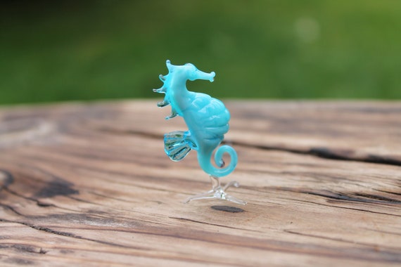 Handmade Blown Glass Seahorse Figurine – Mini 3-Inch Collectible, Light Green & Purple With Gold Trim – Ocean Animal Decor, Gift