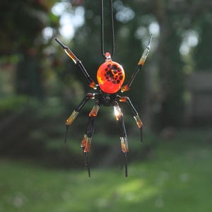 Red Halloween Pendant Spider Animals Glass, Hanging Blown glass Spider, blown glass figurine,  hand blown glass