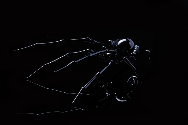 May include: A black glass spider sculpture with a shiny finish. The spider has eight legs and a round body with a reflective surface.