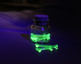 Uranium Glass micro bones, Glow in the Dark bones in a Bottle, Uranium Glass bones, Glass Mystery Box, borosilicate UG micro bones