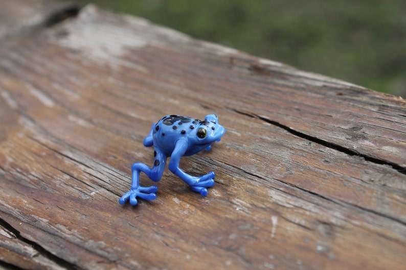 May include: A blue and black frog figurine with black spots. The frog is posed in a jumping position with its legs outstretched. The figurine is sitting on a wooden surface.