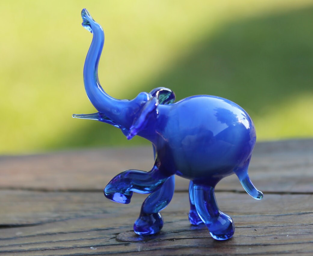 Hand Blown Glass Elephant Animal Cute Miniature blue Figurine Etsy