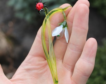gift mom Glass Flower Snowdrop and  ladybug Glass handblown  mother's day gift