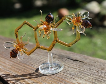 Glass Honeycomb and Bee Collectible Figurine Glass Bee  Blown Glass honeybee  Honeybee and Honey comb