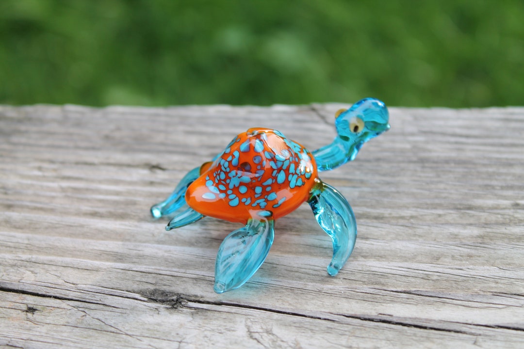 Blue Orange Hand Blown Glass Turtle Figurine Collectible Animal ...