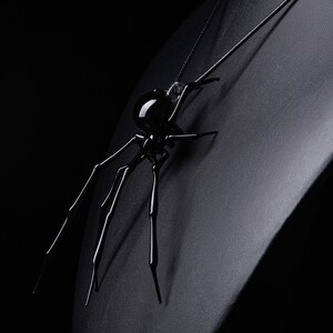 May include: A black glass spider pendant with long, thin legs hanging from a black cord.