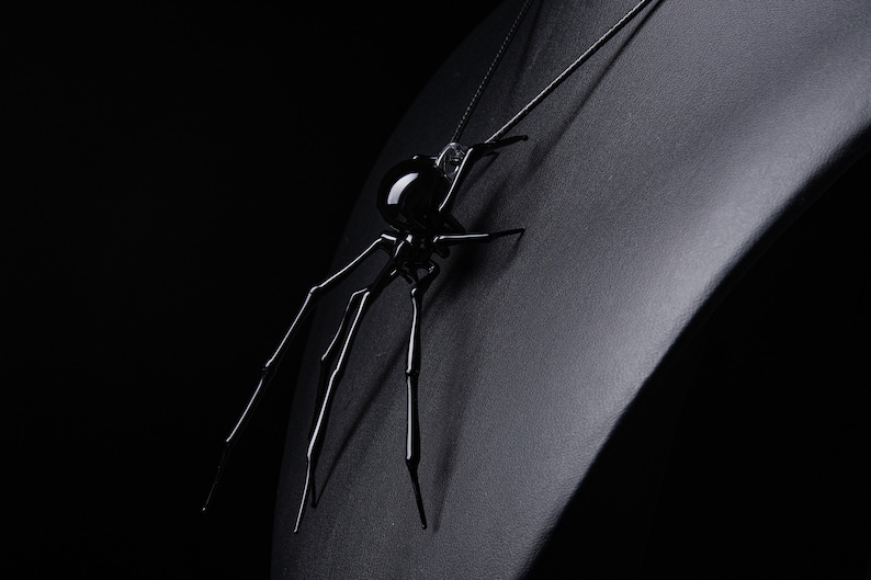 May include: A black glass spider pendant with long, thin legs hanging from a black cord.