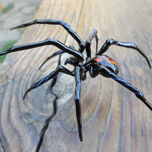 Puede incluir: Una ara&ntilde;a de vidrio negro con detalles azules y un abdomen naranja y rojo. La ara&ntilde;a est&aacute; sentada sobre una superficie de madera.
