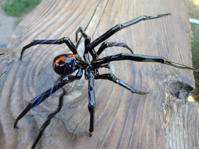 Puede incluir: Una ara&ntilde;a de vidrio negro con detalles azules y naranjas. La ara&ntilde;a tiene ocho patas y un cuerpo detallado.
