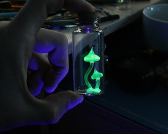 Uranium Glass Magic Mushroom, Glow in the Dark Mushroom in a Bottle , Uranium Glass Mushroom