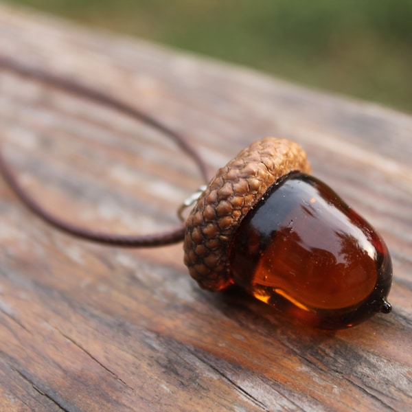 Peter Pan Kiss Necklace Glass Acorn Necklace acorn ornament  made from flamework Glass Acorn Necklace in Streaky Transparent Topaz