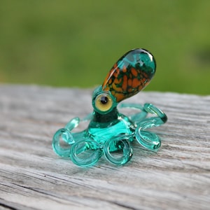 Turquoise Blown Glass Green and Yellow Octopus