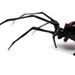 May include: A glossy black spider ornament with long, slender legs and a rounded abdomen. The abdomen has a distinctive red marking. The spider is set against a plain white background, highlighting its sleek, detailed design.