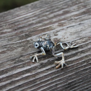 May include: A black and white frog figurine with a detailed design. The frog is posed with its legs outstretched and its eyes are open. The figurine is sitting on a wooden surface.