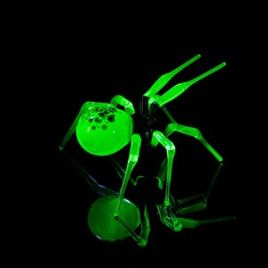 May include: A green glass spider sculpture with a textured body and long, thin legs. The spider is illuminated from below, casting a glow on its body.